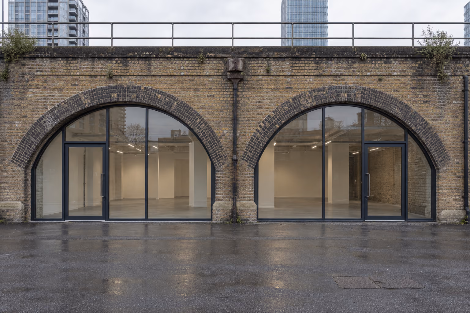 Two converted railway arches in daylight, illustrative visualisation