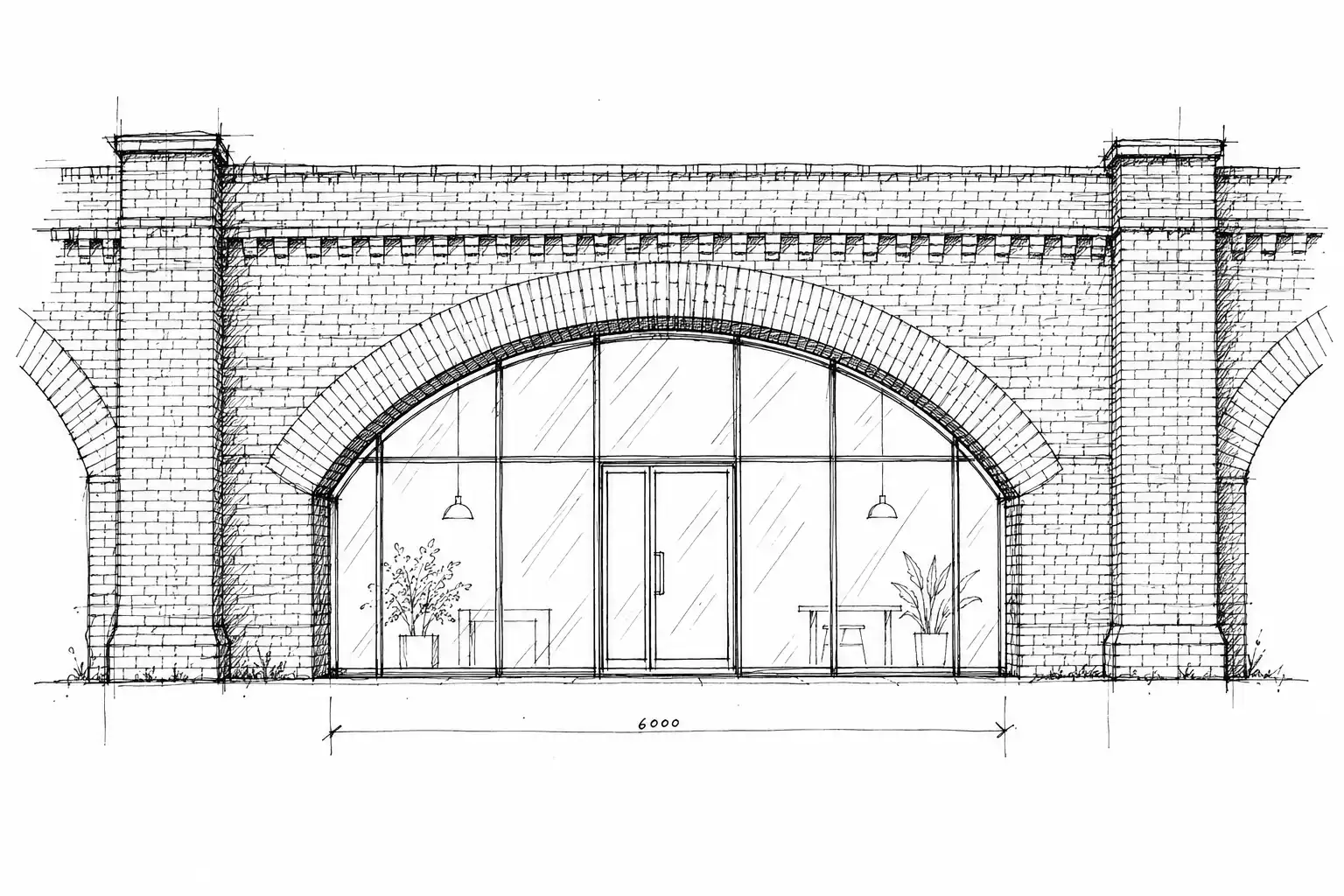 Loose ink sketch of a railway arch elevation, illustrative
