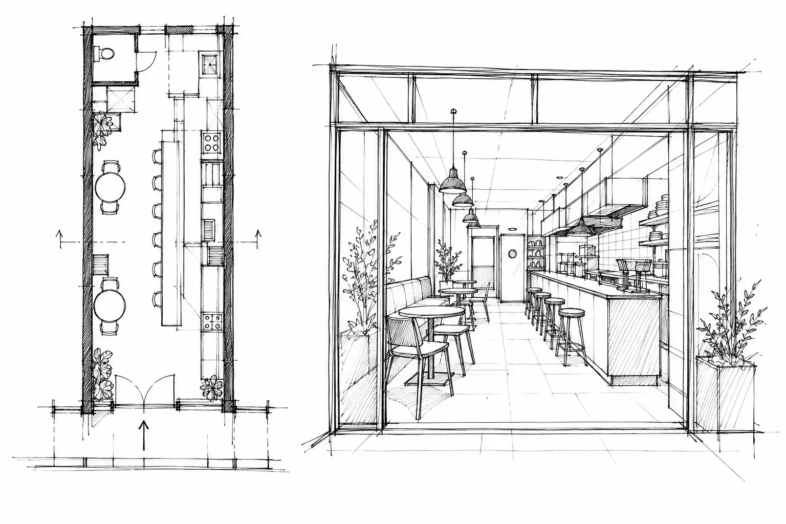 Ink sketch of a fit-out plan and shopfront, illustrative