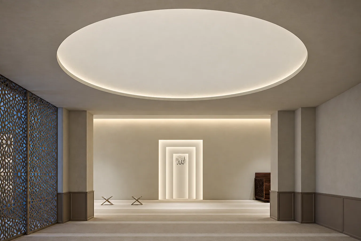 Render of a prayer space with a lit circular ceiling, a mihrab niche and patterned screens