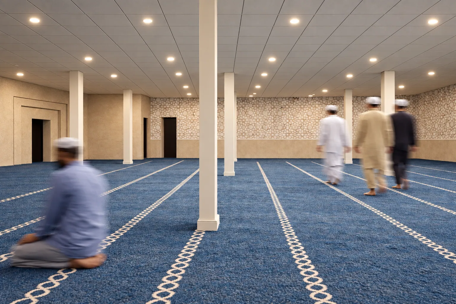Render of the main prayer hall at Edmonton Mosque with patterned carpet rows and recessed lighting