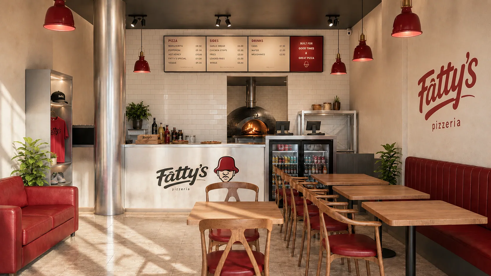 Fatty's Pizzeria counter with the pizza oven, menu boards, red pendants and banquette seating