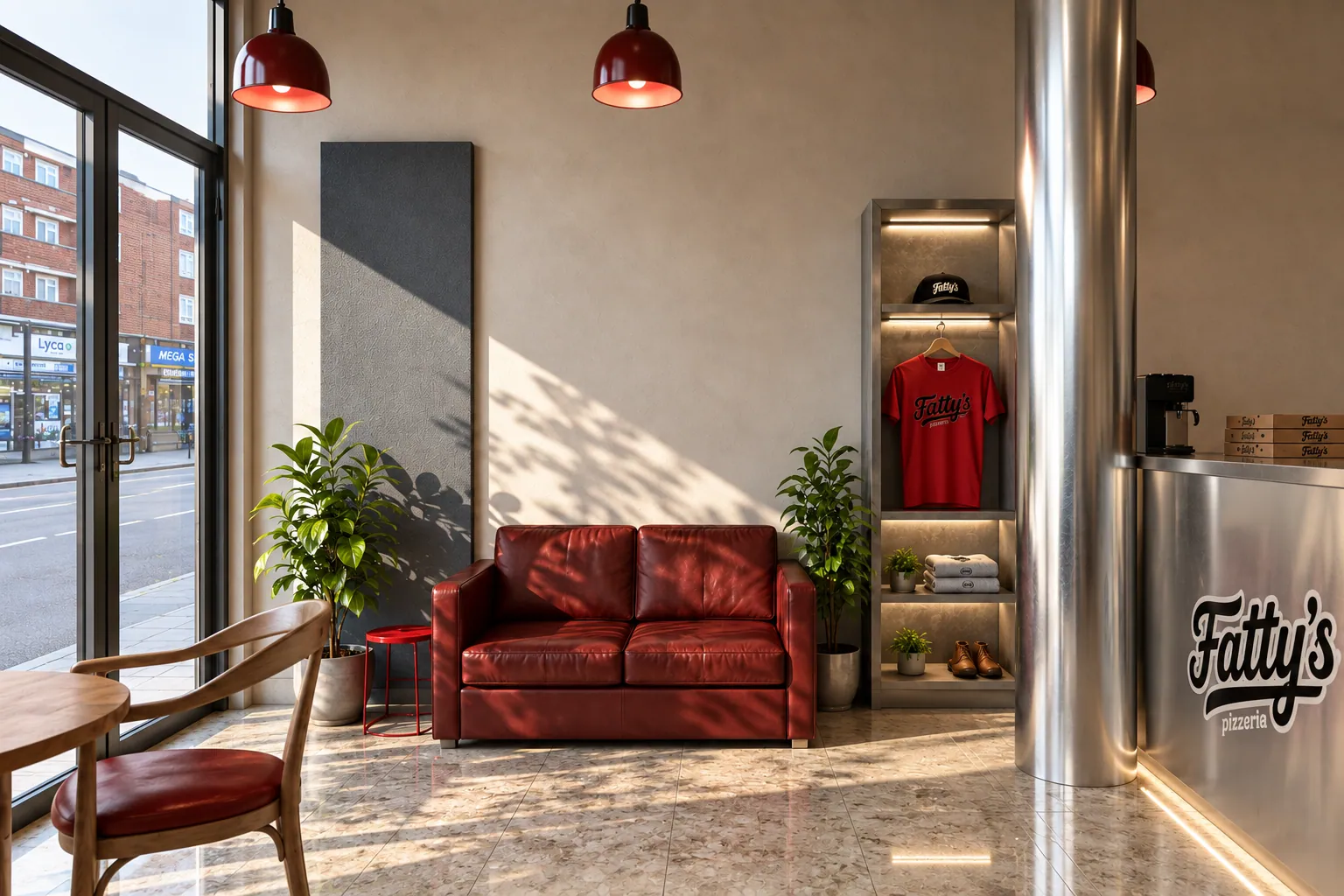 Front of house at Fatty's Pizzeria with the leather sofa, merchandise shelf and steel counter