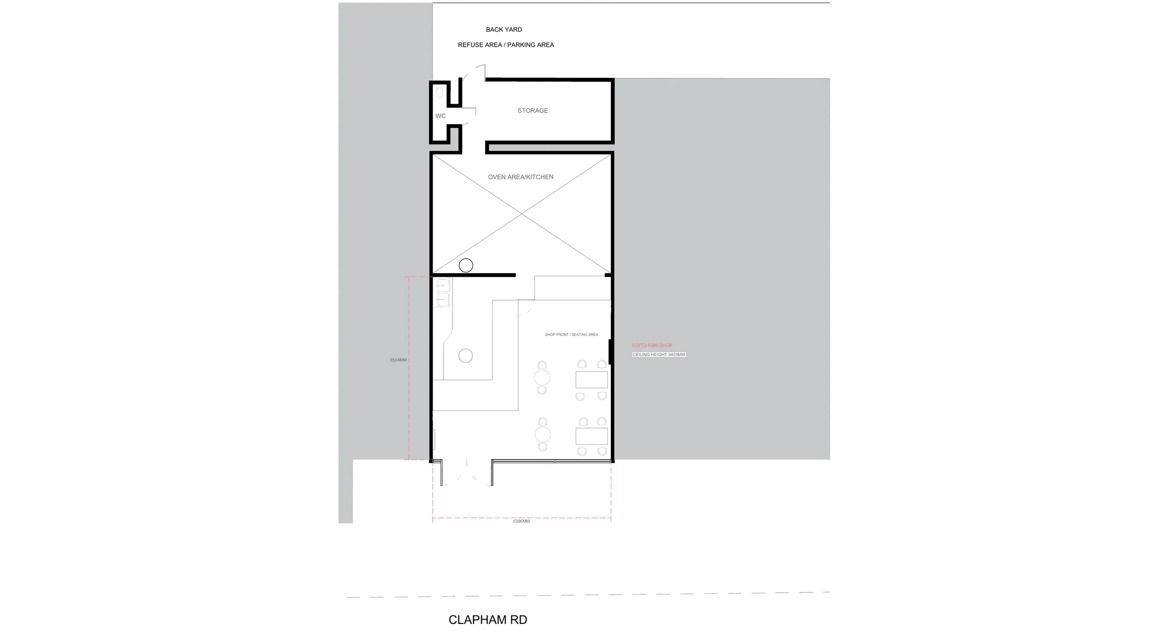 Existing floor plan of the pizzeria at 1:50