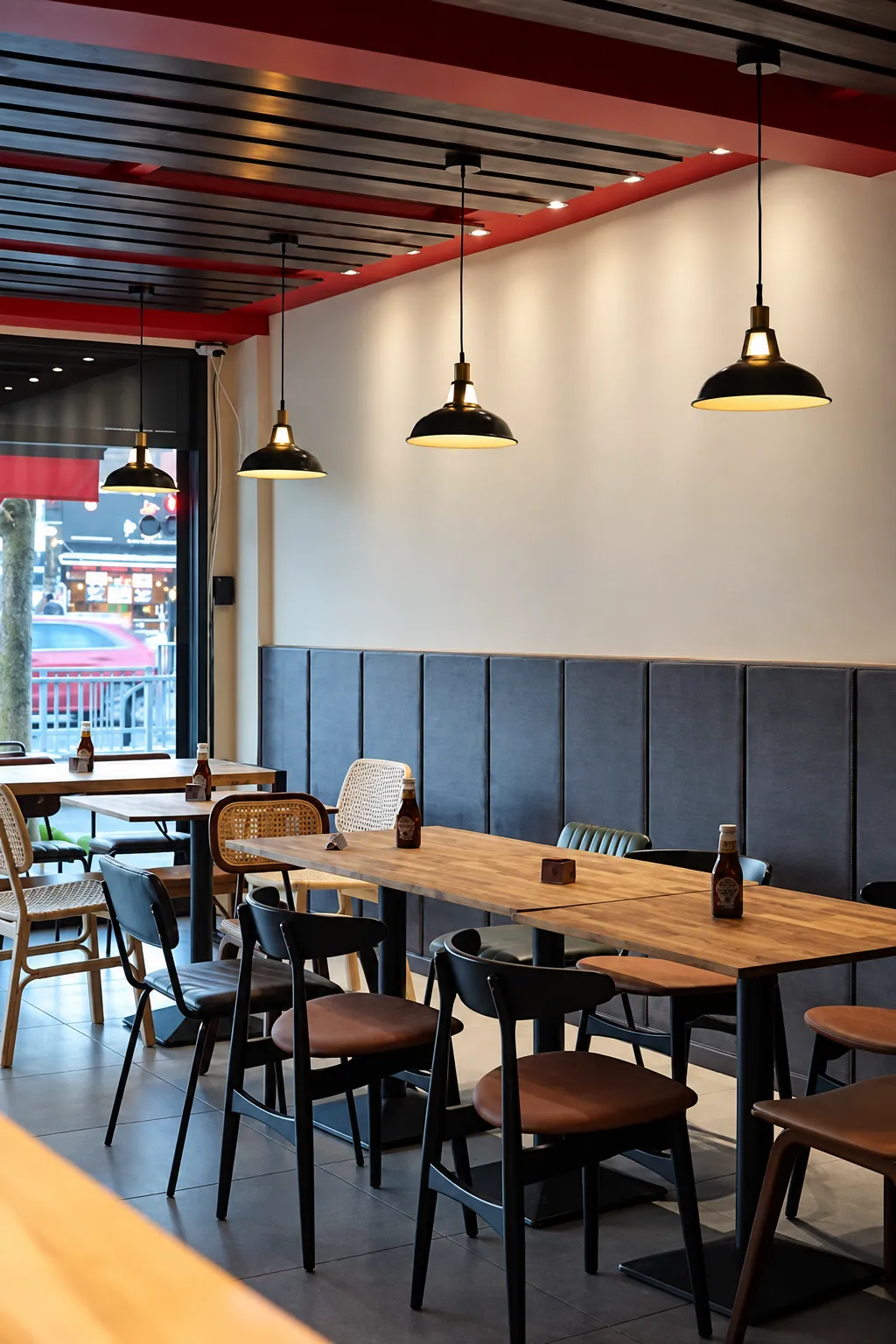 Dining room at Smokes with timber tables, pendant lights and a red ceiling trim